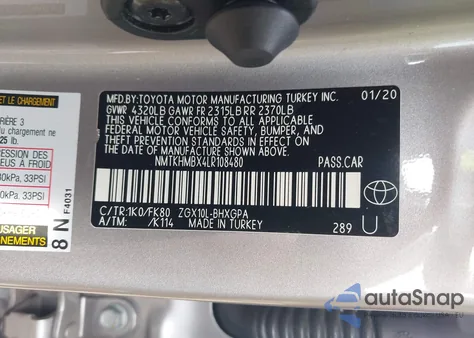 2020 Toyota C-Hr Xle z USA, uszkodzony, nr VIN NMTKHMBX4LR108480